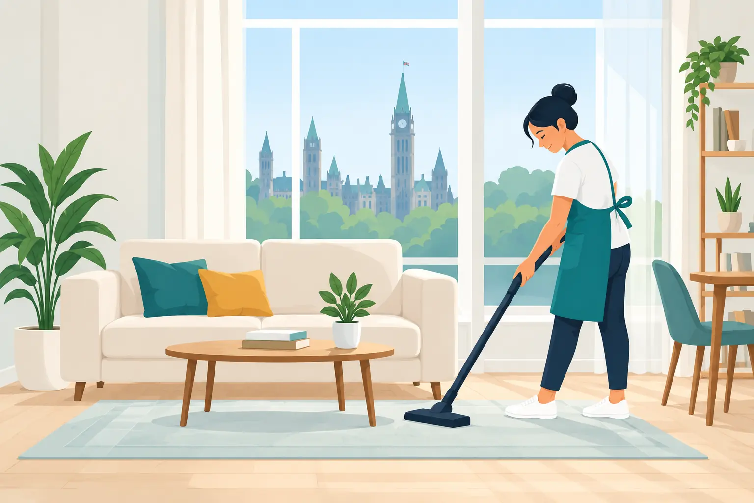 Bright living room with a cleaner vacuuming and Ottawa skyline through the windows